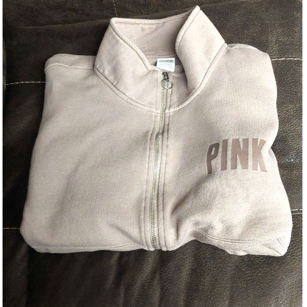 Victoria's Secret PINK XL Full Zip Sweatshirt Taupe Oversized Logo Jacket